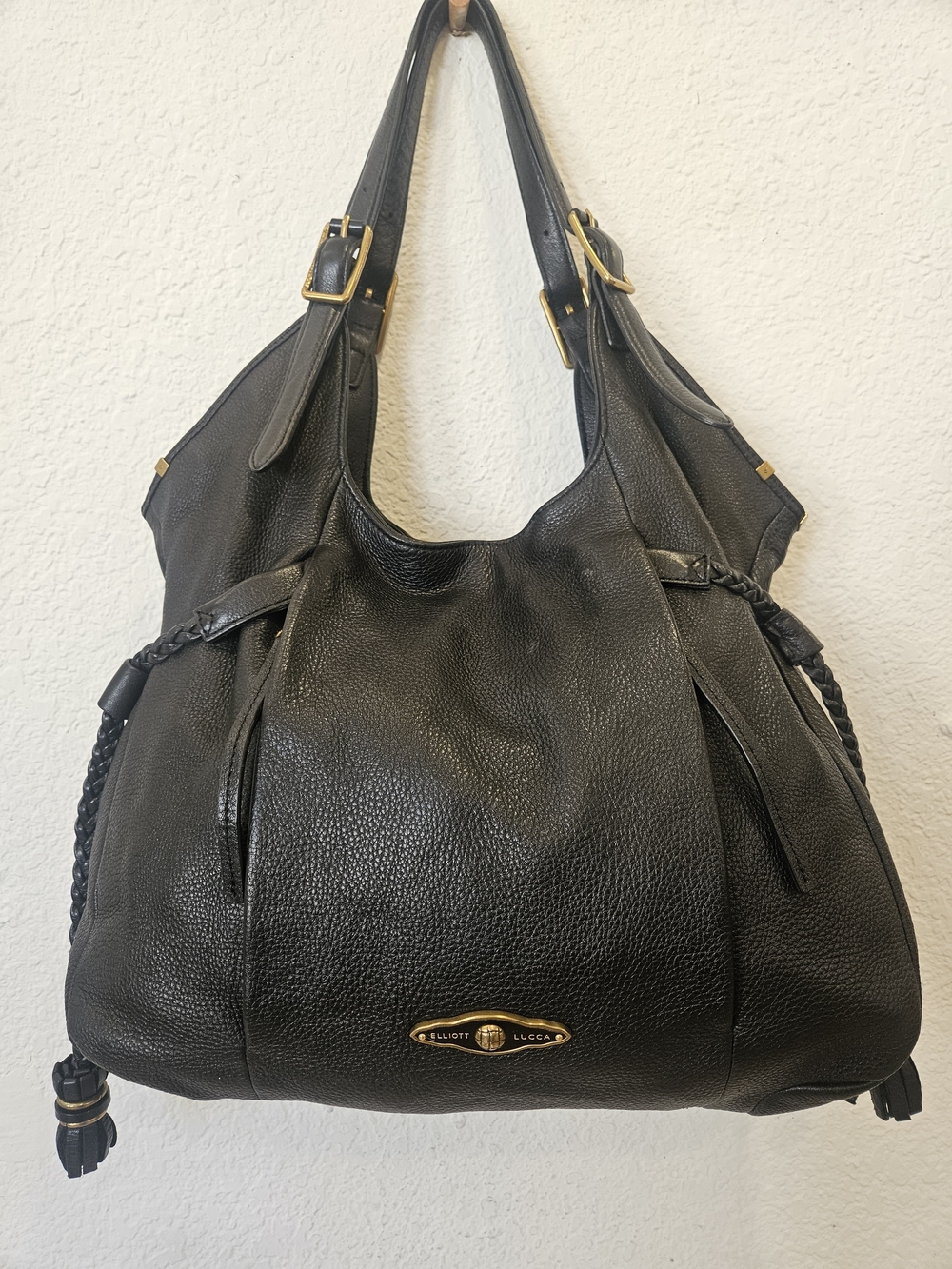 Elliott Lucca Sintra Large Black Leather Hobo Shoulder Bag Tassel Gold Hardware